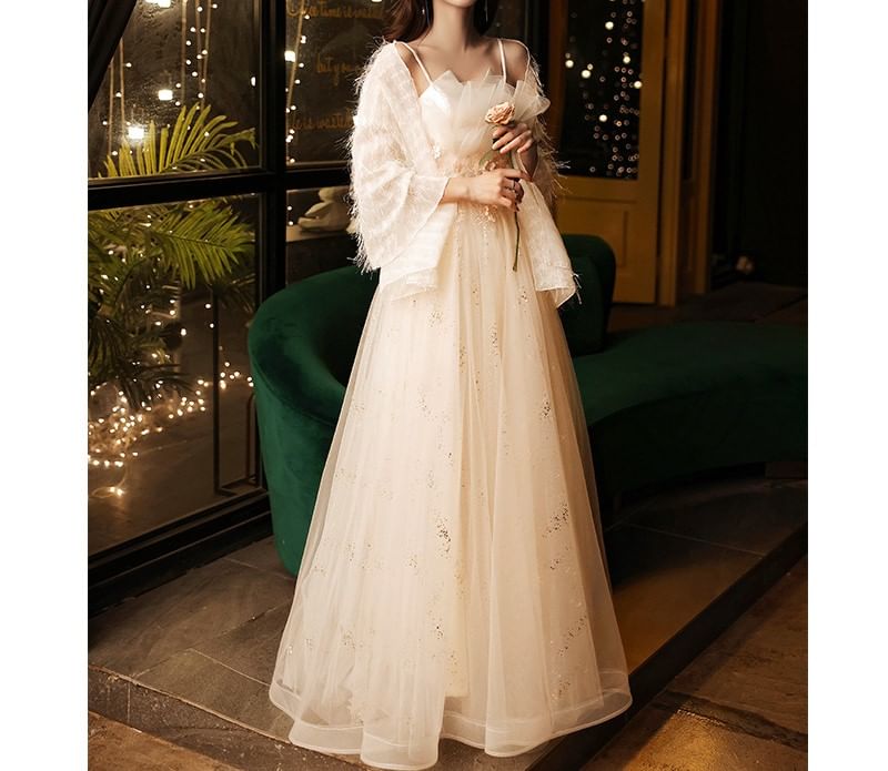 Spaghetti Strap Notch Neck Sequin Floral Accent Mesh A-Line Evening Gown