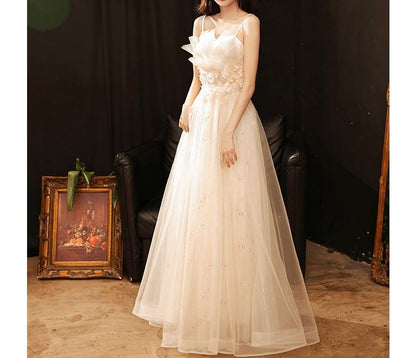 Spaghetti Strap Notch Neck Sequin Floral Accent Mesh A-Line Evening Gown