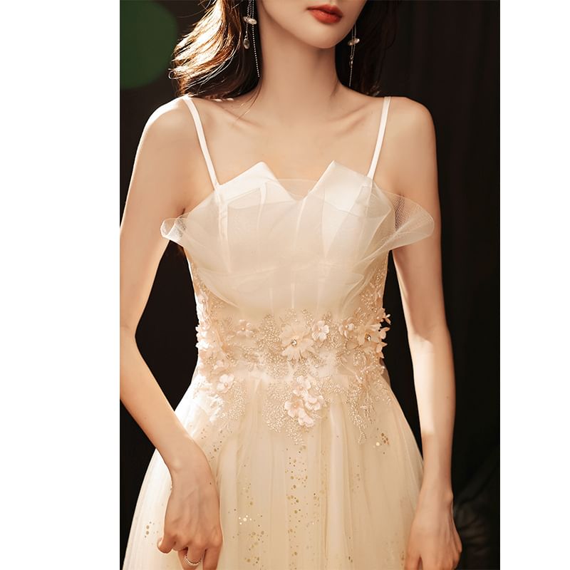 Spaghetti Strap Notch Neck Sequin Floral Accent Mesh A-Line Evening Gown