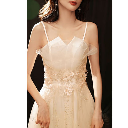 Spaghetti Strap Notch Neck Sequin Floral Accent Mesh A-Line Evening Gown