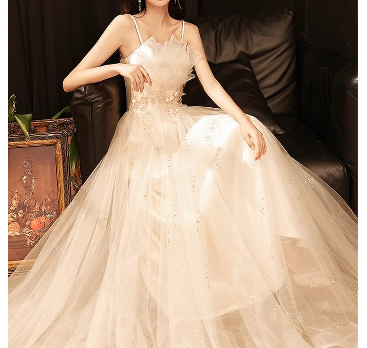 Spaghetti Strap Notch Neck Sequin Floral Accent Mesh A-Line Evening Gown