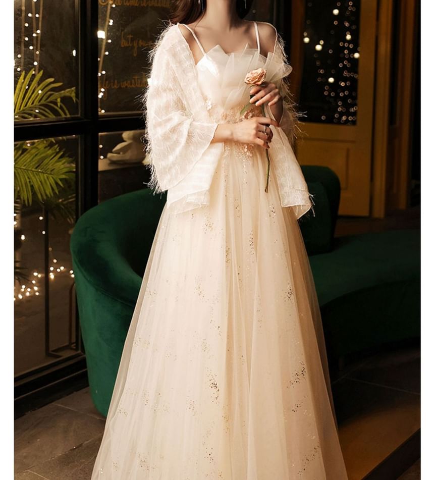 Spaghetti Strap Notch Neck Sequin Floral Accent Mesh A-Line Evening Gown