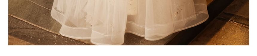 Spaghetti Strap Notch Neck Sequin Floral Accent Mesh A-Line Evening Gown