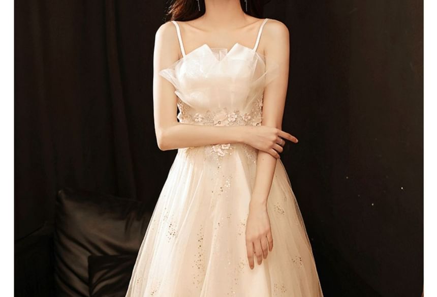 Spaghetti Strap Notch Neck Sequin Floral Accent Mesh A-Line Evening Gown