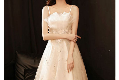 Spaghetti Strap Notch Neck Sequin Floral Accent Mesh A-Line Evening Gown