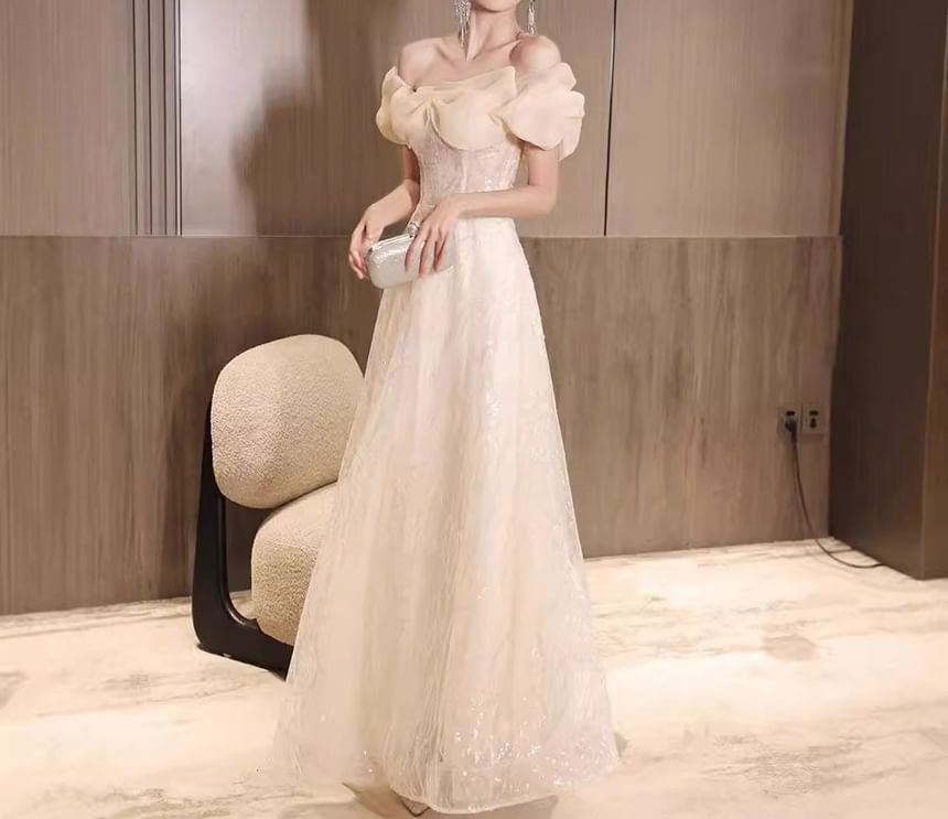 Short-Sleeve Off-Shoulder Sequin Ruched A-Line Evening Gown