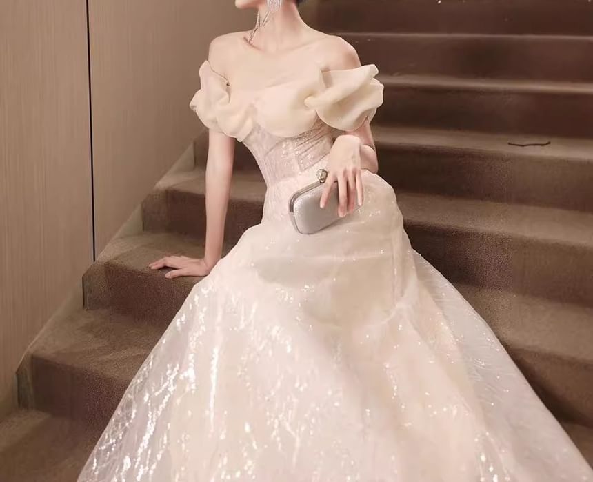 Short-Sleeve Off-Shoulder Sequin Ruched A-Line Evening Gown