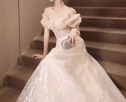 Short-Sleeve Off-Shoulder Sequin Ruched A-Line Evening Gown