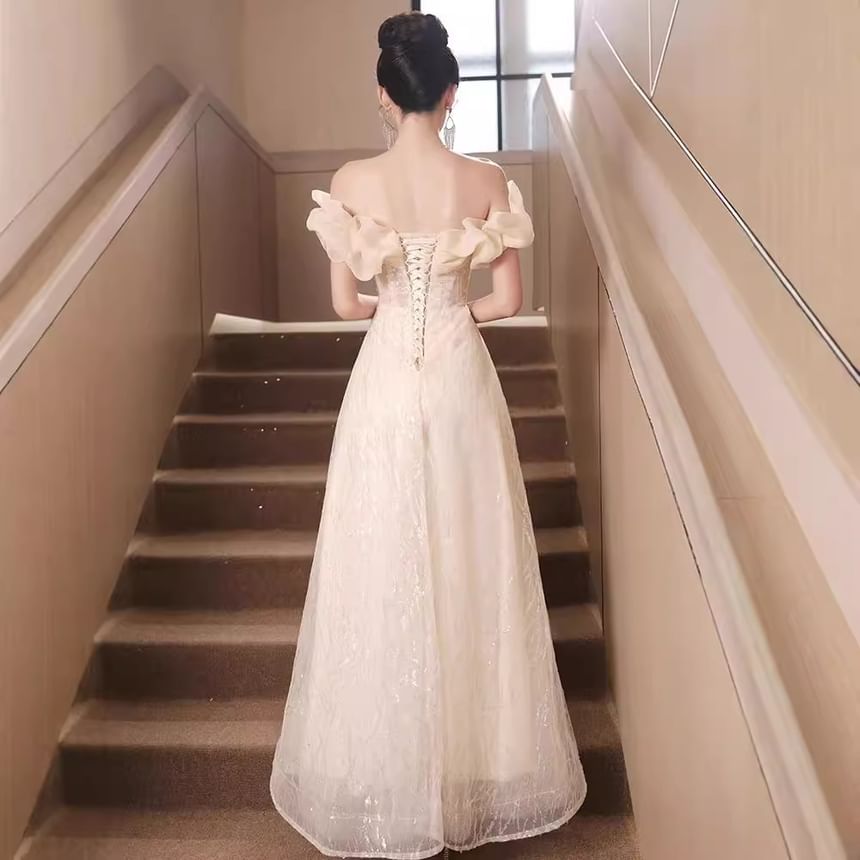 Short-Sleeve Off-Shoulder Sequin Ruched A-Line Evening Gown