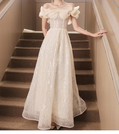 Short-Sleeve Off-Shoulder Sequin Ruched A-Line Evening Gown