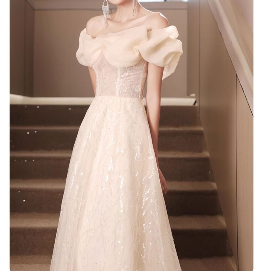 Short-Sleeve Off-Shoulder Sequin Ruched A-Line Evening Gown