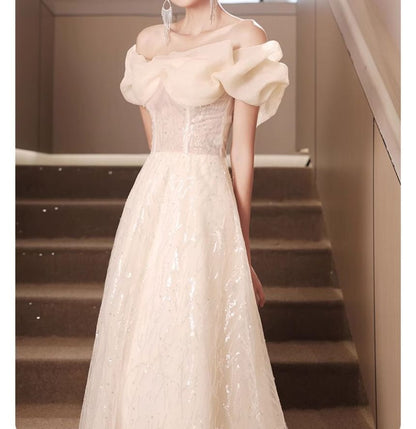 Short-Sleeve Off-Shoulder Sequin Ruched A-Line Evening Gown