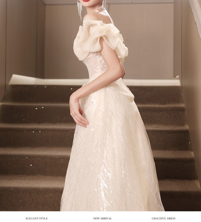 Short-Sleeve Off-Shoulder Sequin Ruched A-Line Evening Gown