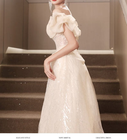 Short-Sleeve Off-Shoulder Sequin Ruched A-Line Evening Gown