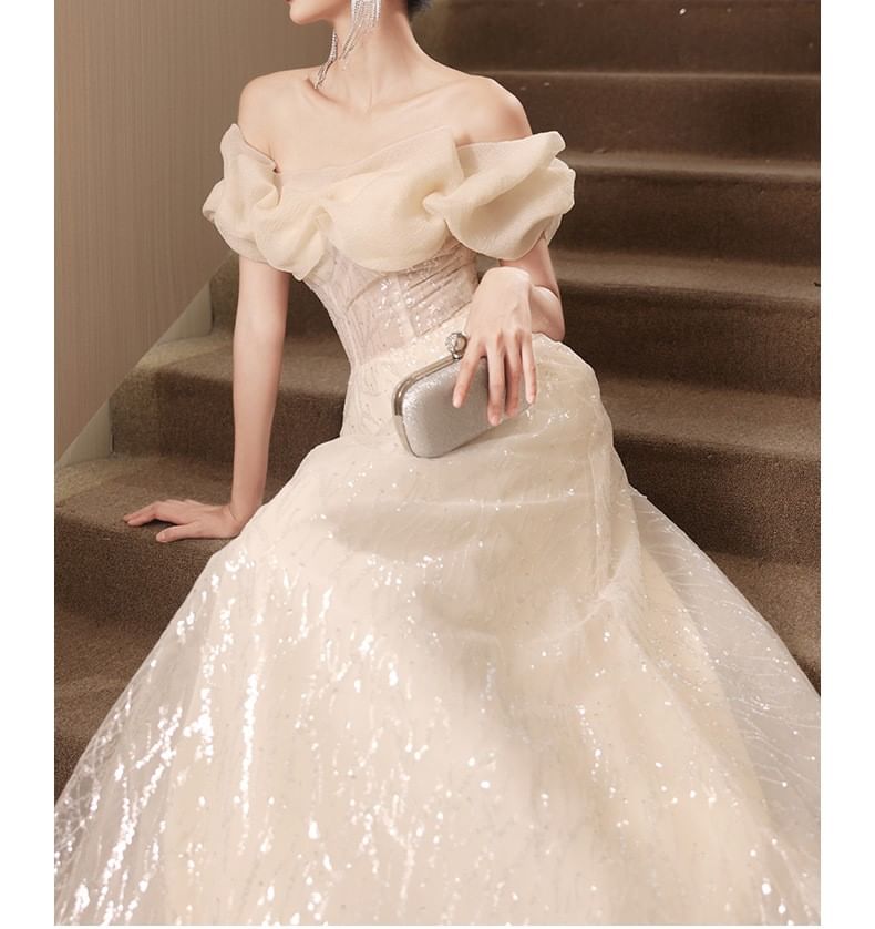 Short-Sleeve Off-Shoulder Sequin Ruched A-Line Evening Gown