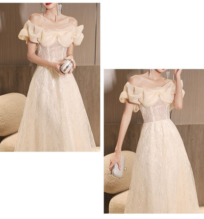 Short-Sleeve Off-Shoulder Sequin Ruched A-Line Evening Gown