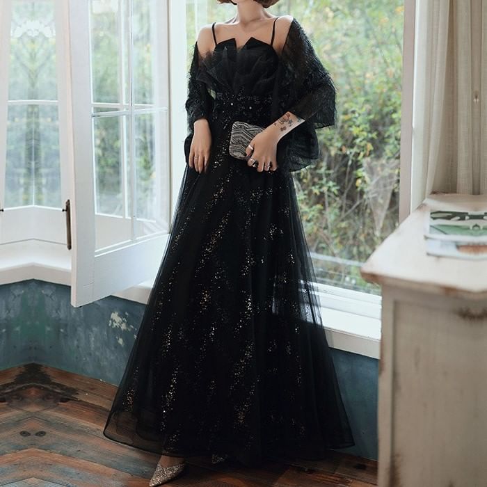 Strap Spaghetti Gown Evening Accent Floral Sequin Mesh Neck Notch A-Line