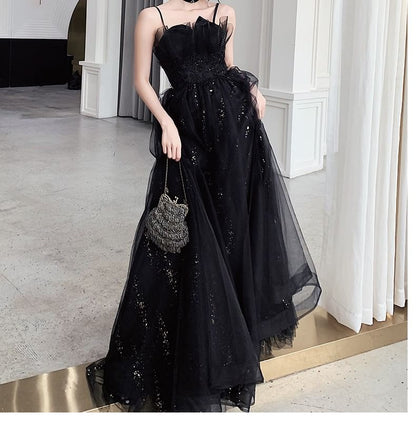 Spaghetti Strap Notch Neck Sequin Floral Accent Mesh A-Line Evening Gown