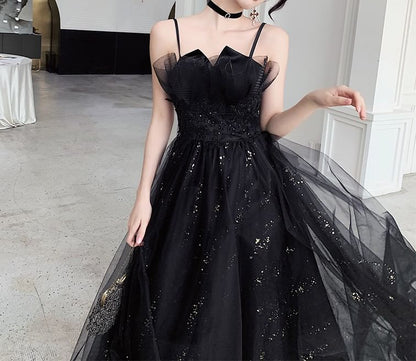 Strap Spaghetti Gown Evening Accent Floral Sequin Mesh Neck Notch A-Line