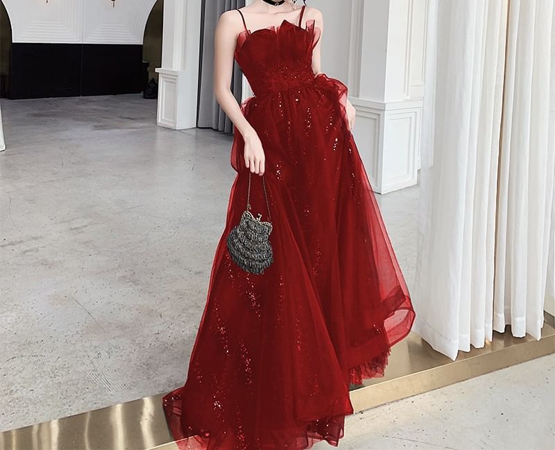 Spaghetti Strap Notch Neck Sequin Floral Accent Mesh A-Line Evening Gown