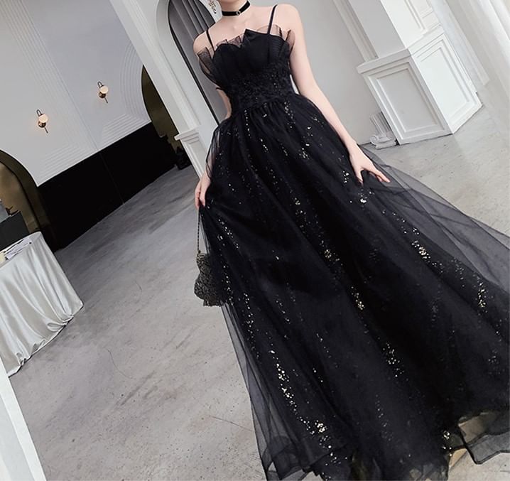 Spaghetti Strap Notch Neck Sequin Floral Accent Mesh A-Line Evening Gown