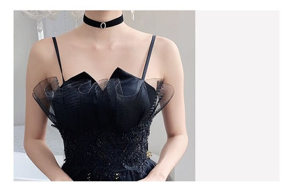 Strap Spaghetti Gown Evening Accent Floral Sequin Mesh Neck Notch A-Line