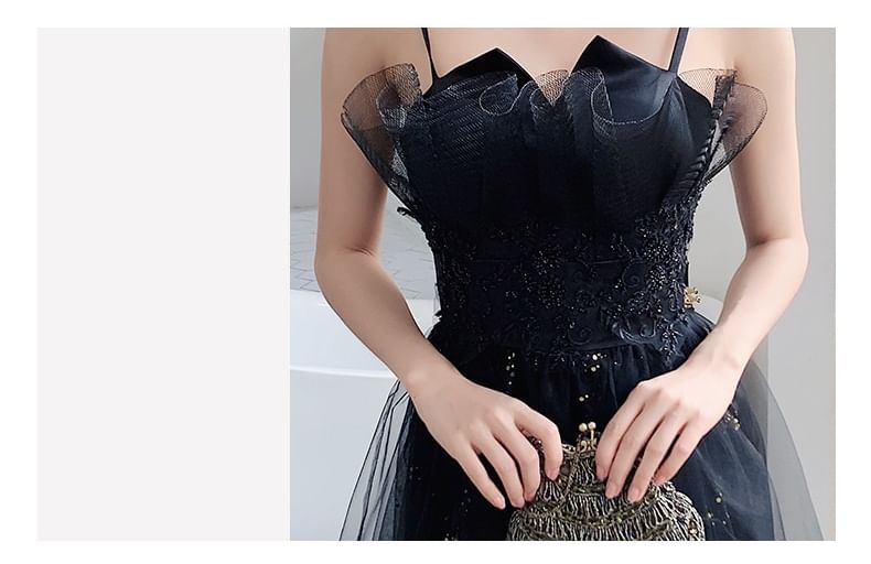 Spaghetti Strap Notch Neck Sequin Floral Accent Mesh A-Line Evening Gown