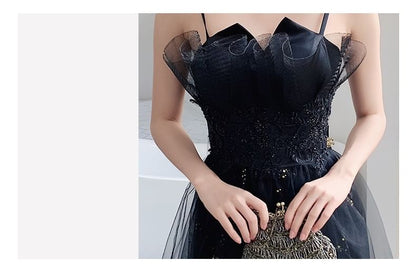 Spaghetti Strap Notch Neck Sequin Floral Accent Mesh A-Line Evening Gown