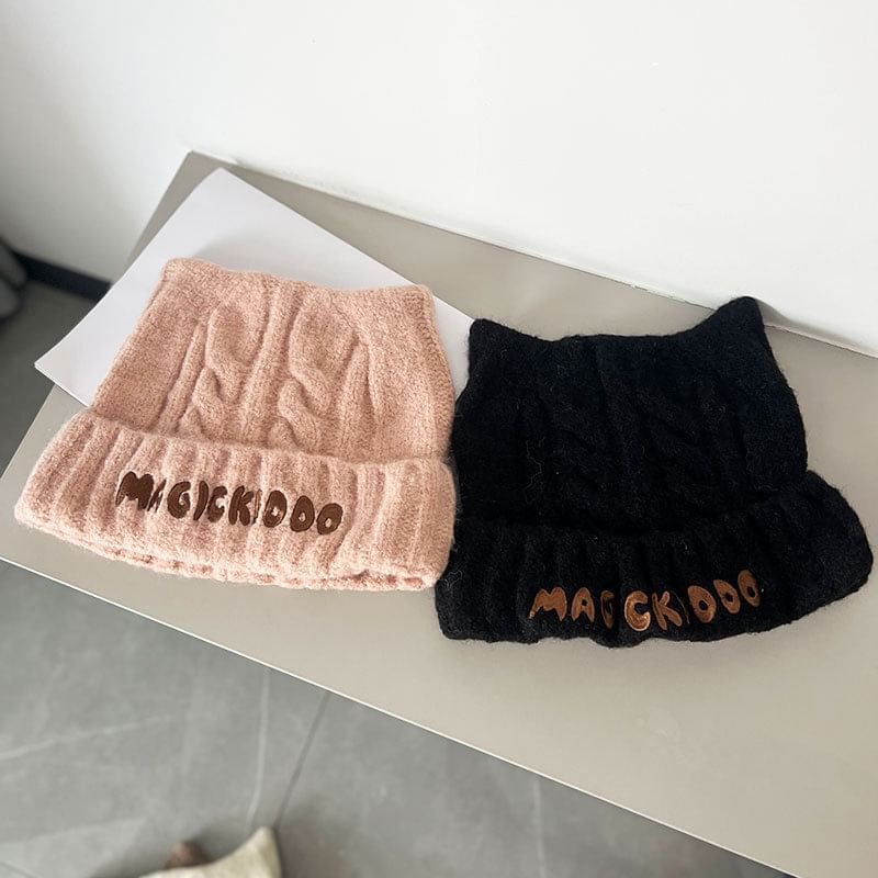 Lettering Embroidered Cable Knit Beanie