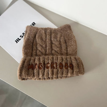 Lettering Embroidered Cable Knit Beanie