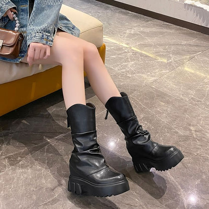Platform Panel Mid Calf Boots