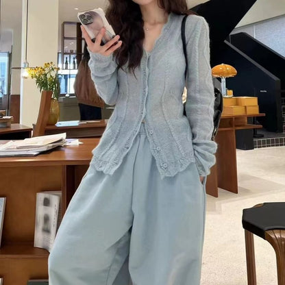 V-Neck Lace Trim Sheer Button Cardigan