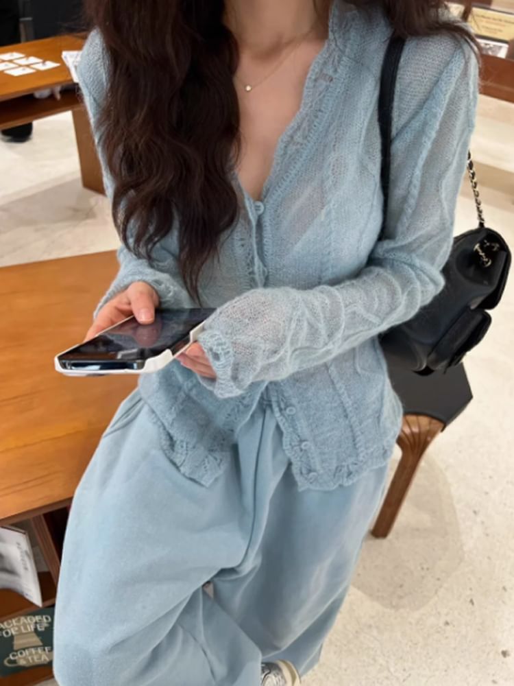 V-Neck Lace Trim Sheer Button Cardigan