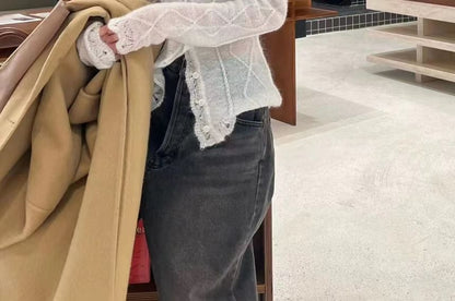 V-Neck Lace Trim Sheer Button Cardigan
