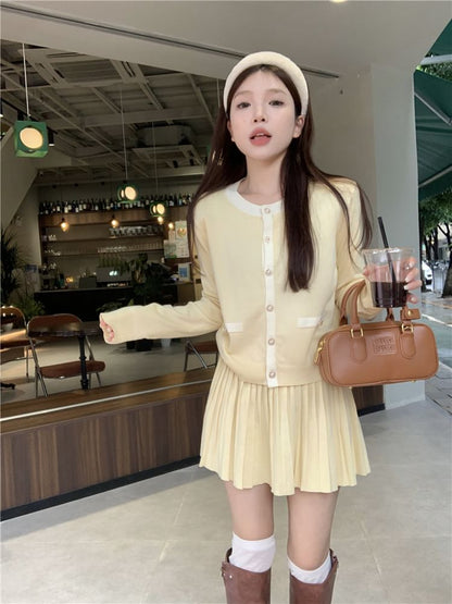 Round Neck Two Tone Cardigan & Pleated Mini Skirt