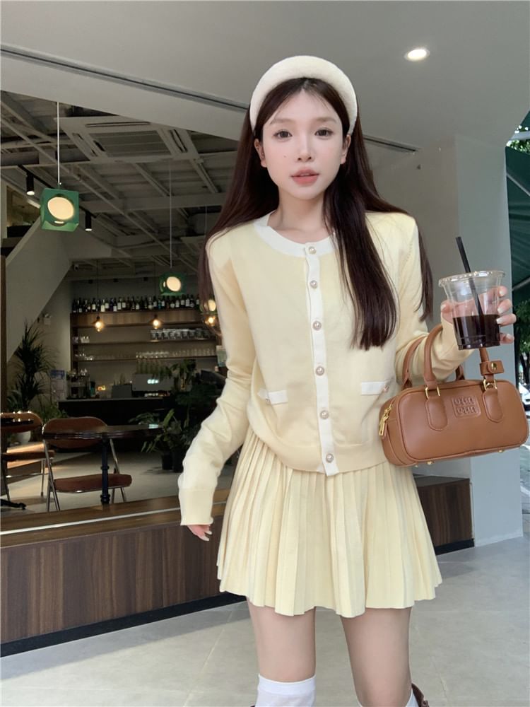 Round Neck Two Tone Cardigan & Pleated Mini Skirt
