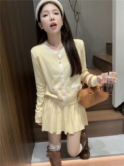 Round Neck Two Tone Cardigan & Pleated Mini Skirt