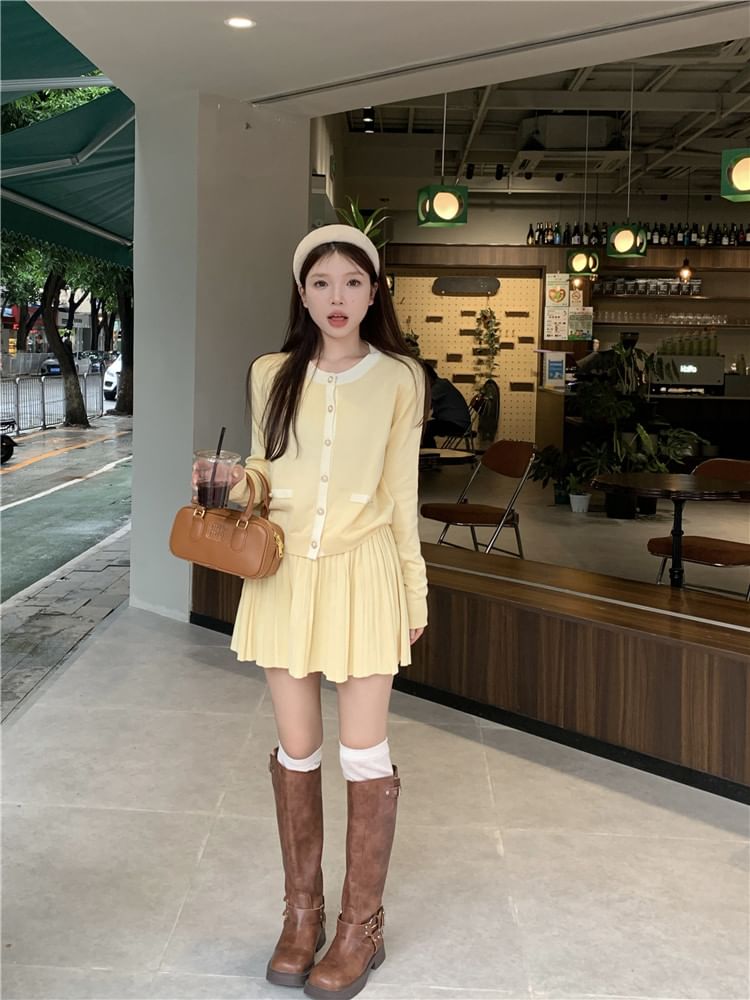 Round Neck Two Tone Cardigan & Pleated Mini Skirt