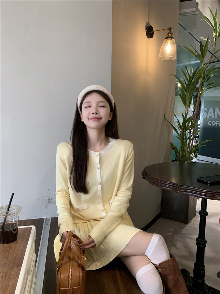 Round Neck Two Tone Cardigan & Pleated Mini Skirt