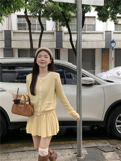 Round Neck Two Tone Cardigan & Pleated Mini Skirt