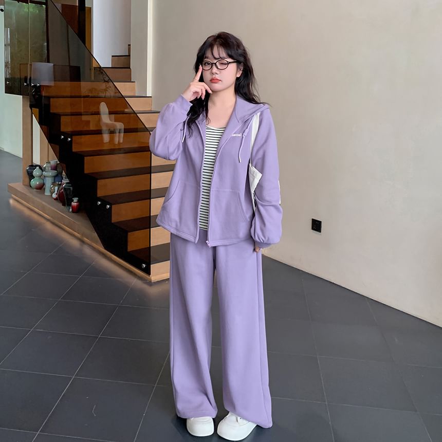 Plus Size Set: Lettering Zip-Up Hoodie + Wide Leg Sweatpants