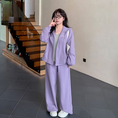 Plus Size Set: Lettering Zip-Up Hoodie + Wide Leg Sweatpants