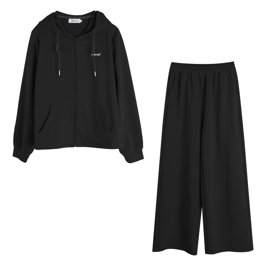 Plus Size Set: Lettering Zip-Up Hoodie + Wide Leg Sweatpants