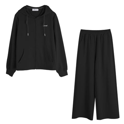 Plus Size Set: Lettering Zip-Up Hoodie + Wide Leg Sweatpants