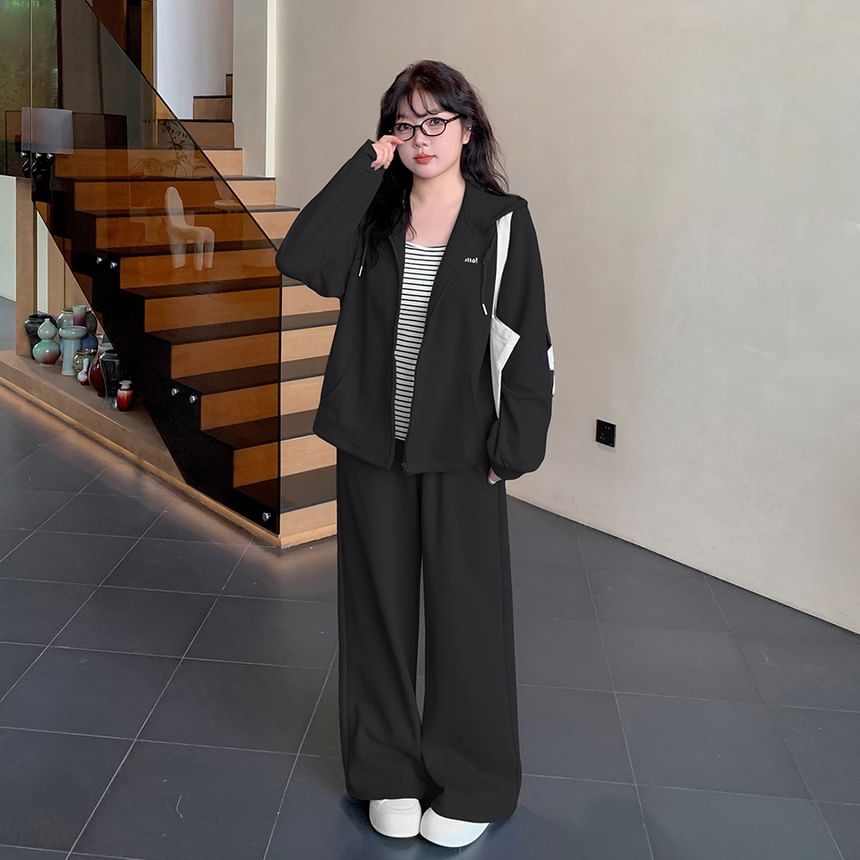 Plus Size Set: Lettering Zip-Up Hoodie + Wide Leg Sweatpants