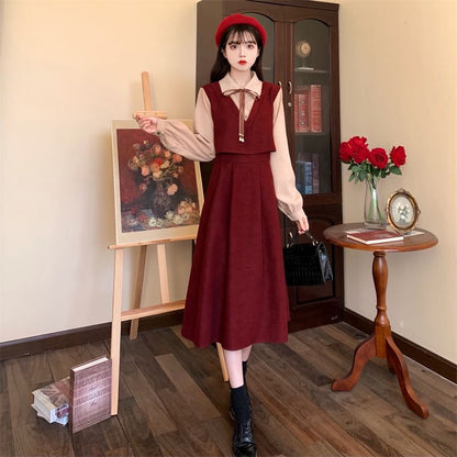 Mock Two-Piece Long-Sleeve Corduroy Two Tone Midi A-Line Dress