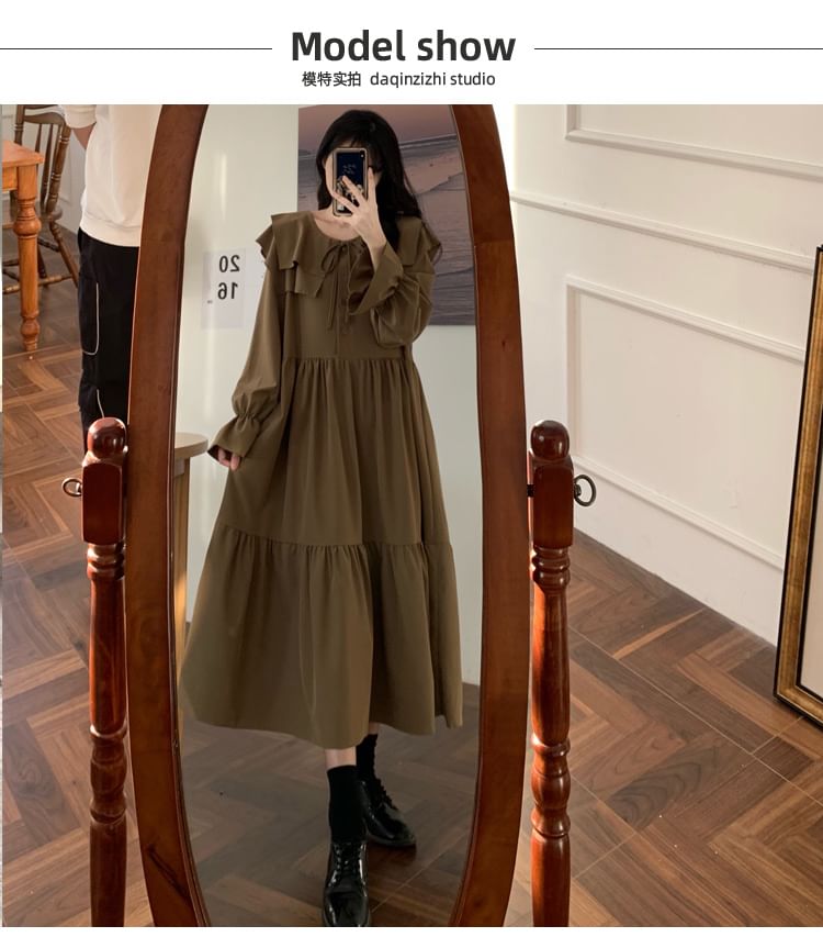 Long-Sleeve Ruffle Plain Midi A-Line Dress