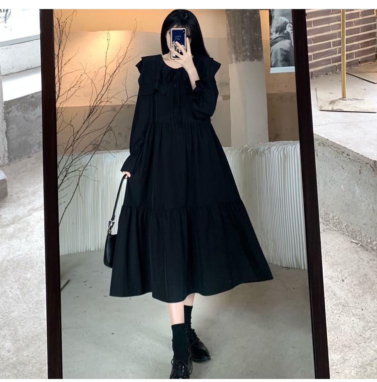 Long-Sleeve Ruffle Plain Midi A-Line Dress