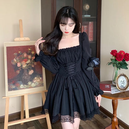 Long-Sleeve Square Neck Lace-Up Mini A-Line Dress