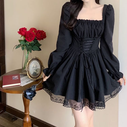 Long-Sleeve Square Neck Lace-Up Mini A-Line Dress